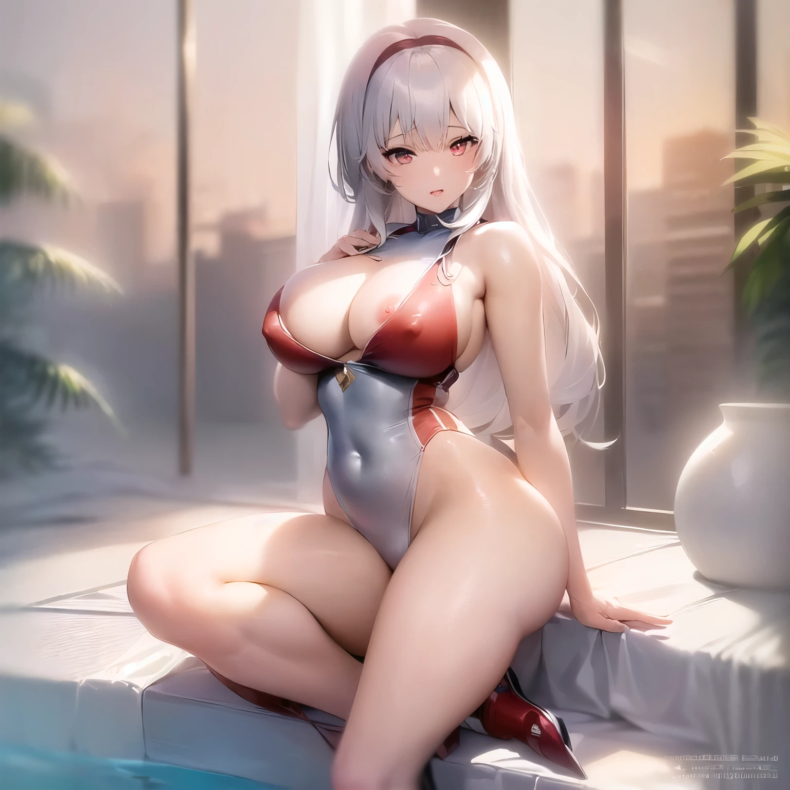 (best quality,ultra-detailed,realistic:1.37),anime girl in a white bikini sitting by the pool, seductive anime girl, deer in sight, beautiful enchanting anime woman, smooth anime CG art, realistic bikini, is wearing a swimsuit, perfect white-haired girl, white-haired goddess, popular on cgstation, swimsuit, TikTok, OP, Blue Alley style, prominently showing red nipples, nipples visible through the clothes, nipples protruding, red areolas,Nipples visible under clothing