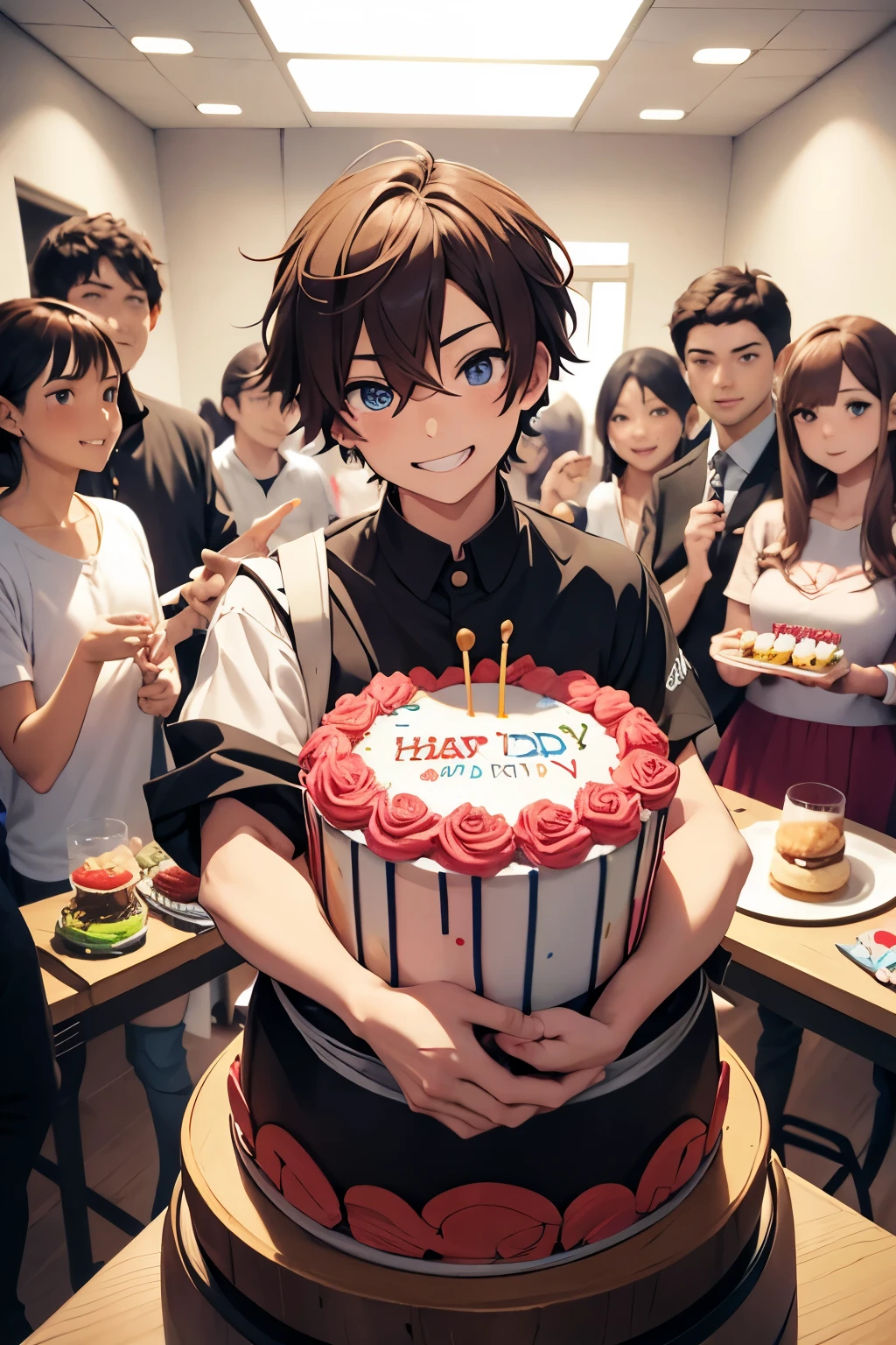 Anime boy, holding a birthday cake,8 people celebrating a birthday, birthday party, different people,smile