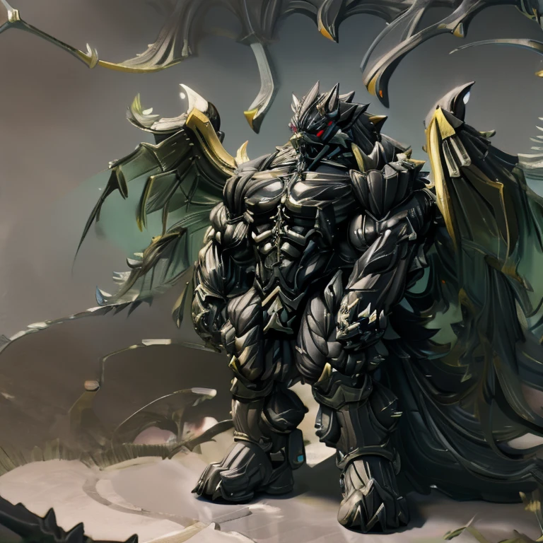 8K, Masterpiece, highres, future fiction. black visor, Detailed head, Detailed Body, full body, BLACK COLOR, Detailed abs, wearing crNanosuit, big muscle (pecs, triceps, traps) unusually developed muscular body, body full of huge muscles. showing off muscles, pectorales enormes. Exaggeratedly huge muscles. Gigachad Muscular, gigantic muscles, Colossal giant NANOSUIT over a battlefield, The cloak is so long that it touches the ground, crossed arms. The claws are sharp, Sharp teeth, have big wings. Spread wings, whole body shines like metal. nj5furry,