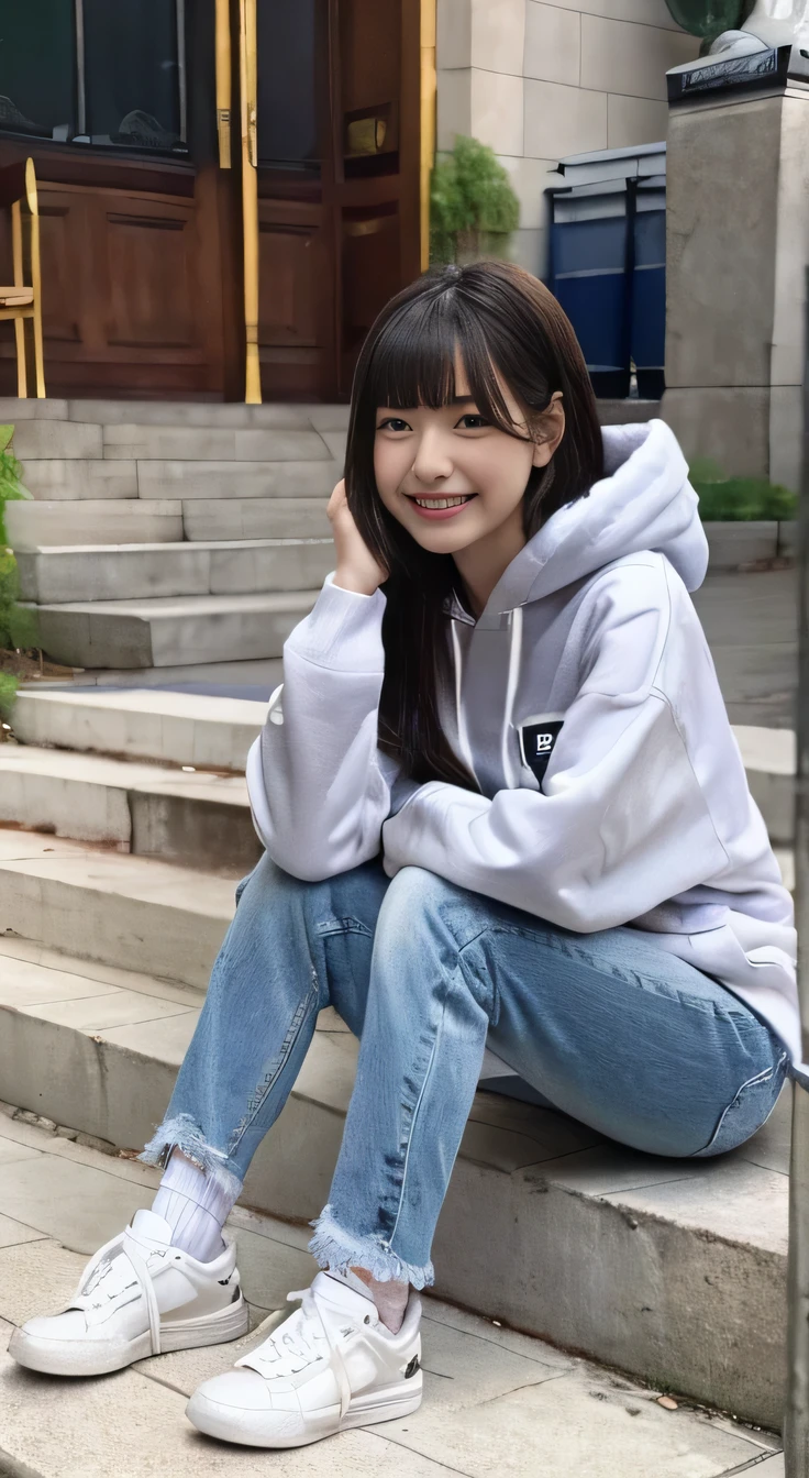 highest quality, Realistic, Very detailed, Finer details, High resolution, 8k wallpaper, One beautiful woman,Sit on the stairs、（Wear black socks）smile、（Beautiful teeth alignment、）（Gums are visible） Oversized hoodie, Skinny jeans,（ Black sneakers）、Black Hair、 Beautiful Bangs、ear piercing、Perfect dynamic composition, Beautiful and detailed, Full Body Shot, A big smile waiting to start
