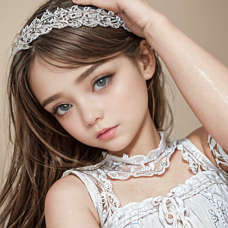 (best quality,ultra-detailed),a 12-year-old girl with,beautiful detailed eyes,beautiful detailed lips,extremely detailed eyes and face,longeyelashes,(realistic,photorealistic,photo-realistic:1.37),artistic and vibrant, wearing a small fitted dress,white long stockings, pastel colors