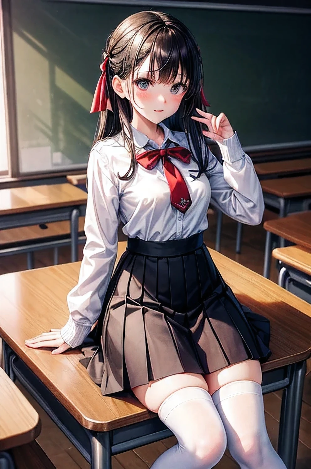 Top quality masterpiece, Anchorage V4, One girl, alone, View your viewers, skirt, shirt, Knee socks, ribbon, Sitting, , hair ribbon, white shirt, tie, shoes, white Knee socks, Official Alternative Costumes, Sleeves are longer than the wrist, red skirt, cardigan, machine, classroom, blackboard, uwabaki, on machine,