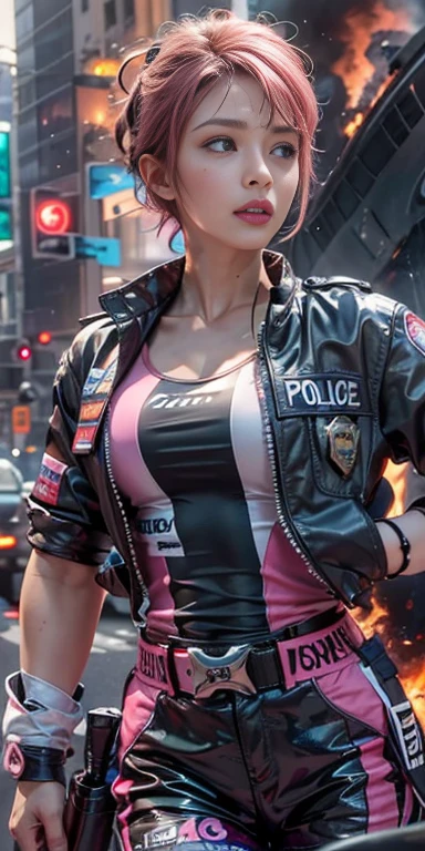 (Photorealistic, Ultra High Definition), ((close up:1, looking at viewer)), Soft light,1 police lady, Night City, (Detailed face), (Pink coiffed short-Hair: 1.3), (cloths color base on silver black pink red white), Futuristic Racing Suits, Police costume like Streetwear, police badge, High-Tech Headset, black army belt, racing gloves, hot pants or low , holding a handgun, "POLICE", ((Background crashed cars, burning car, fire background, Explosions, Running Audience)),
