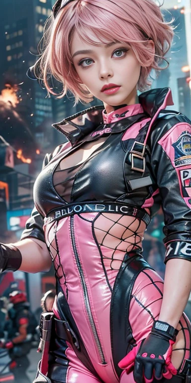 (Photorealistic, Ultra High Definition), ((close up:1, looking at viewer)), Soft light,1 police lady, Night City, (Detailed face), (Pink coiffed short-Hair: 1.3), (cloths color base on silver black pink red white), Futuristic Racing Suits, Police costume like Streetwear, police badge, High-Tech Headset, black army belt, racing gloves, hot pants or low , holding a handgun, "POLICE", ((Background crashed cars, burning car, fire background, Explosions, Running Audience)),