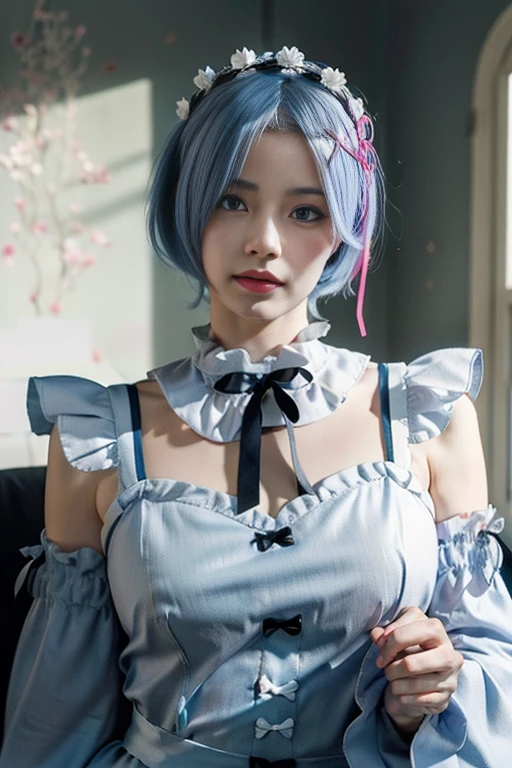 R_E_M, 1girl,(beautiful face:1.25) short blue hair, blue eyes, hair over one eye, hair ornament, pink hair ribbon, rem's maid uniform, detached sleeves, (realistic:1.7),((best quality)),absurdres,(ultra high res),(photorealistic:1.6),photorealistic,octane render,(hyperrealistic:1.2), (photorealistic face:1.2), (8k), (4k), (Masterpiece),(realistic skin texture), (illustration, cinematic lighting,wallpaper),( beautiful eyes:1.2),((((perfect face)))),(cute),(standing),((looking at viewer)),(dynamic pose:1.3), upper body, standing,indoors, living room, sofa, tables, window