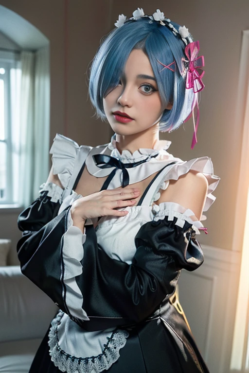 R_E_M, 1girl,(beautiful face:1.25) short blue hair, blue eyes, hair over one eye, hair ornament, pink hair ribbon, rem's maid uniform, detached sleeves, (realistic:1.7),((best quality)),absurdres,(ultra high res),(photorealistic:1.6),photorealistic,octane render,(hyperrealistic:1.2), (photorealistic face:1.2), (8k), (4k), (Masterpiece),(realistic skin texture), (illustration, cinematic lighting,wallpaper),( beautiful eyes:1.2),((((perfect face)))),(cute),(standing),((looking at viewer)),(dynamic pose:1.3), upper body, standing,indoors, living room, sofa, tables, window