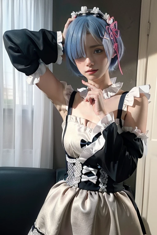 R_E_M, 1girl,(beautiful face:1.25) short blue hair, blue eyes, hair over one eye, hair ornament, pink hair ribbon, rem's maid uniform, detached sleeves, (realistic:1.7),((best quality)),absurdres,(ultra high res),(photorealistic:1.6),photorealistic,octane render,(hyperrealistic:1.2), (photorealistic face:1.2), (8k), (4k), (Masterpiece),(realistic skin texture), (illustration, cinematic lighting,wallpaper),( beautiful eyes:1.2),((((perfect face)))),(cute),(standing),((looking at viewer)),(dynamic pose:1.3), upper body, standing,indoors, living room, sofa, tables, window