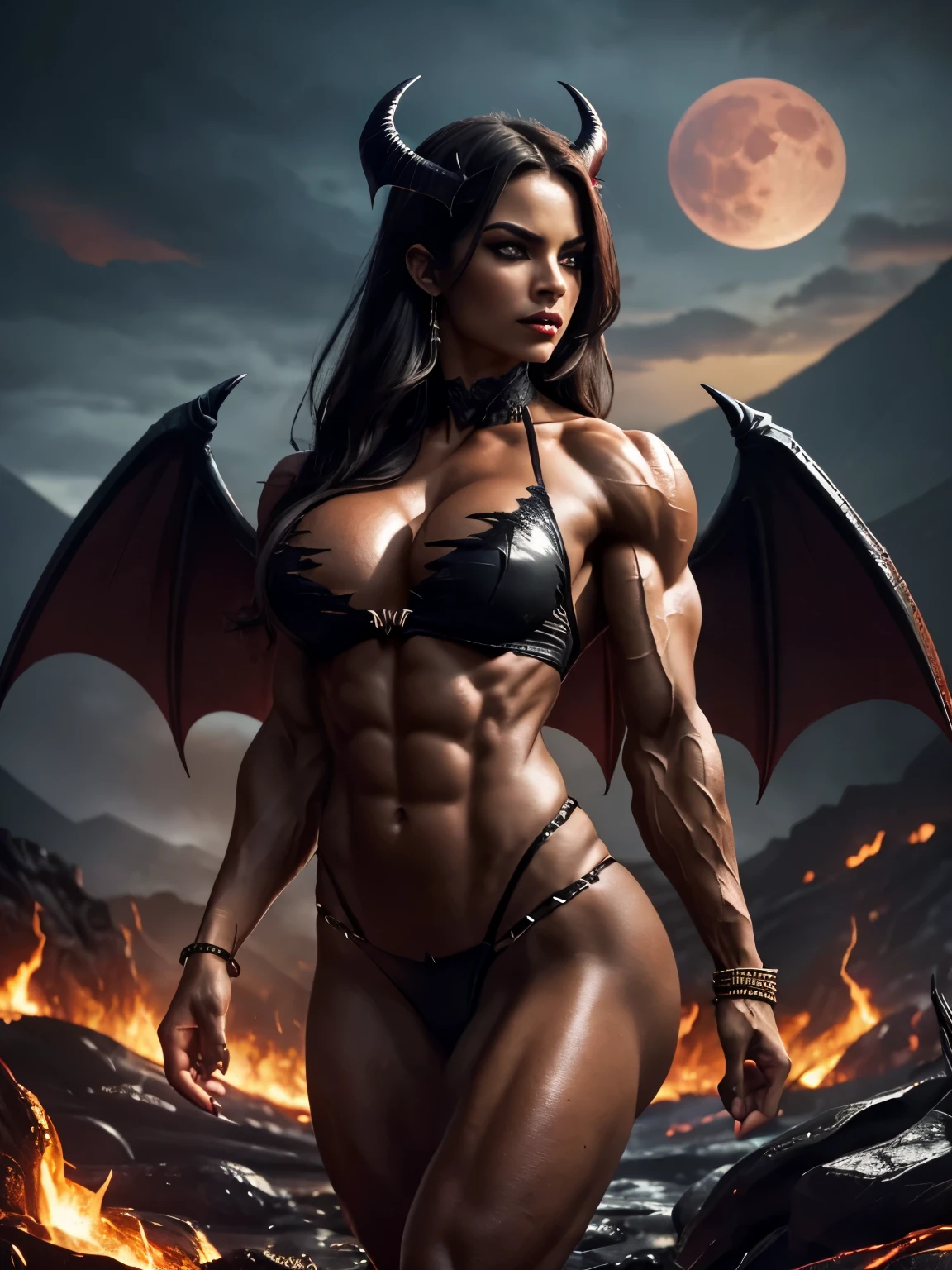 Masterpiece illustration, very detailed face, to sexy to be true devil girl, succubus, blazing eyes, long elegant slim face, defined cheekbones, stunning and beautiful, detailed dark eyeliner and eyeshadow, evil, (perfect devil wings), vampire fangs, detailed full cleavage, sexy and slim figure, erupting volcano, rivers of lava, lava pools, demonic magic night, (dark castle behind her:1.3), blood moon, ambient light, rim light, (ripped bodybuilder muscle:1.3),