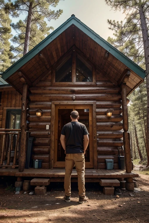 A man standing in front of the cabin made of wooden logs, with his hands on his hips with his back looking at the cabin in the middle of a pine forest. 8K best quality.