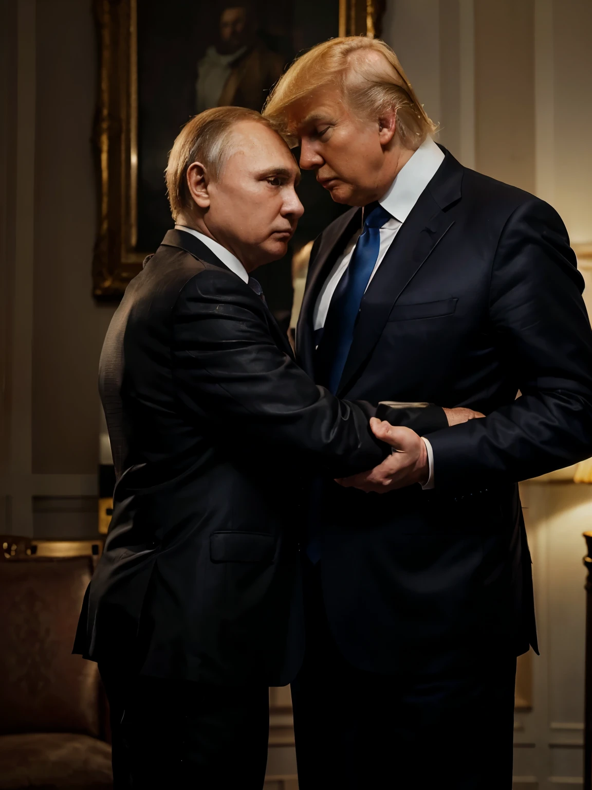 In the low-light room, Two men posing political behave, hugging or shake hands, ((Donald Trump and Vladimir Putin)), size of Donald Trump:1.2, Facing each other,Among them, The first man is an old man, And the other is young, With an atmosphere of concentration in the discussion between them and a deep look, Wear a black suit, The young man enthusiastic expression, focus two men, Contrast lighting, delicate skin,Cinematic, HD, details , Realistic, Get to know a professional photo, soft lighting, highs quality, Best Quality,