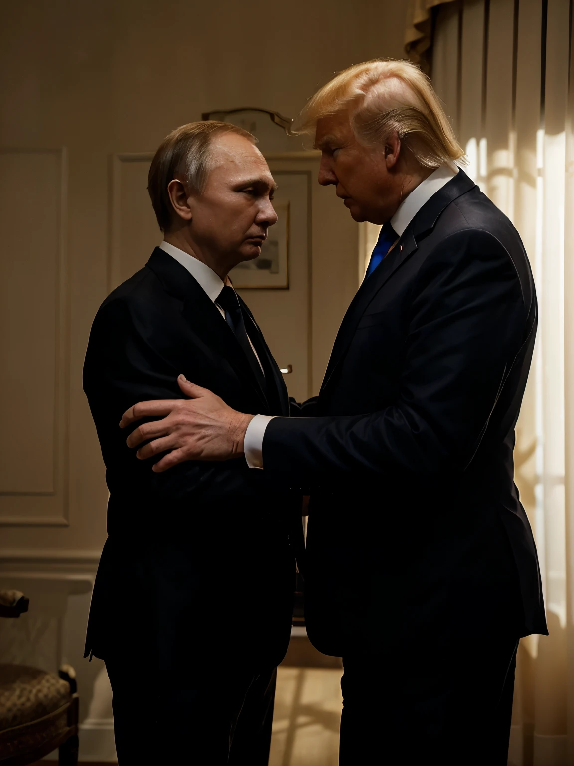 In the low-light room, Two men posing political behave, hugging or shake hands, ((Donald Trump and Vladimir Putin)), size of Donald Trump:1.2, Facing each other,Among them, The first man is an old man, And the other is young, With an atmosphere of concentration in the discussion between them and a deep look, Wear a black suit, The young man enthusiastic expression, focus two men, Contrast lighting, delicate skin,Cinematic, HD, details , Realistic, Get to know a professional photo, soft lighting, highs quality, Best Quality, 