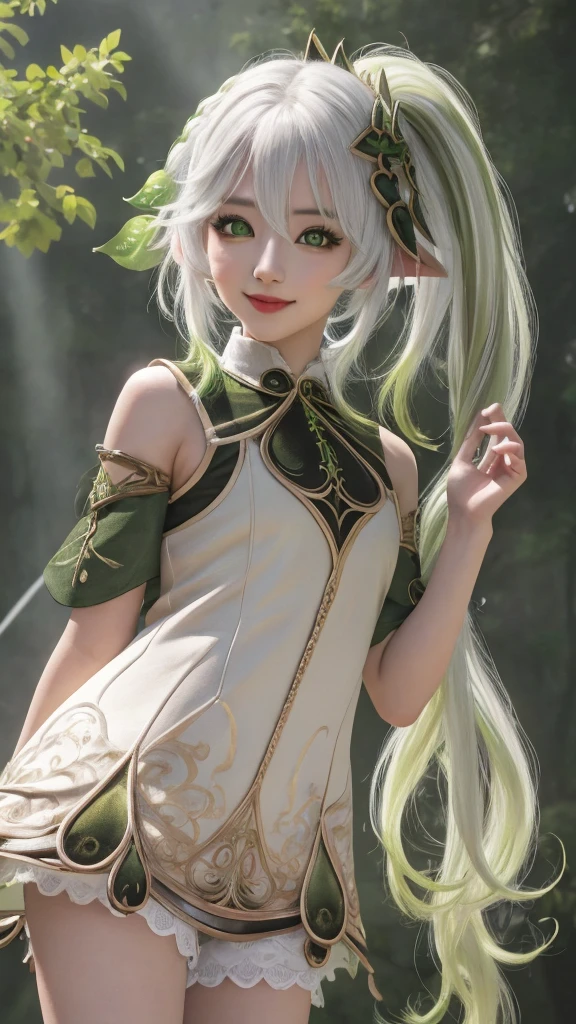 masterpiece, 1 beautiful girl, (green eyes) , eye has swelled up, top quality, Ultra high resolution, (actual: 1.4), light, Japanese, Fashion Korean cosmetics, asian beauty, very beautiful, Beautiful skin, thin and long, body facing forward, (Ultra actual), (high resolution), (8k), ( Very detailed), ( Best Illustration), (Beautifully delicate eyes), (super detailed), (wallpaper), Detailed face, light bright, professional lighting, looking at the audience, facing forward, keqing cosplay, The background is a bit blurry, and pony hairstyle, white and green hair, clover pupils eyes, Good-looking, bright smile, Eye color is light green ,Upper body, (nahida suit cosplay), shot from front