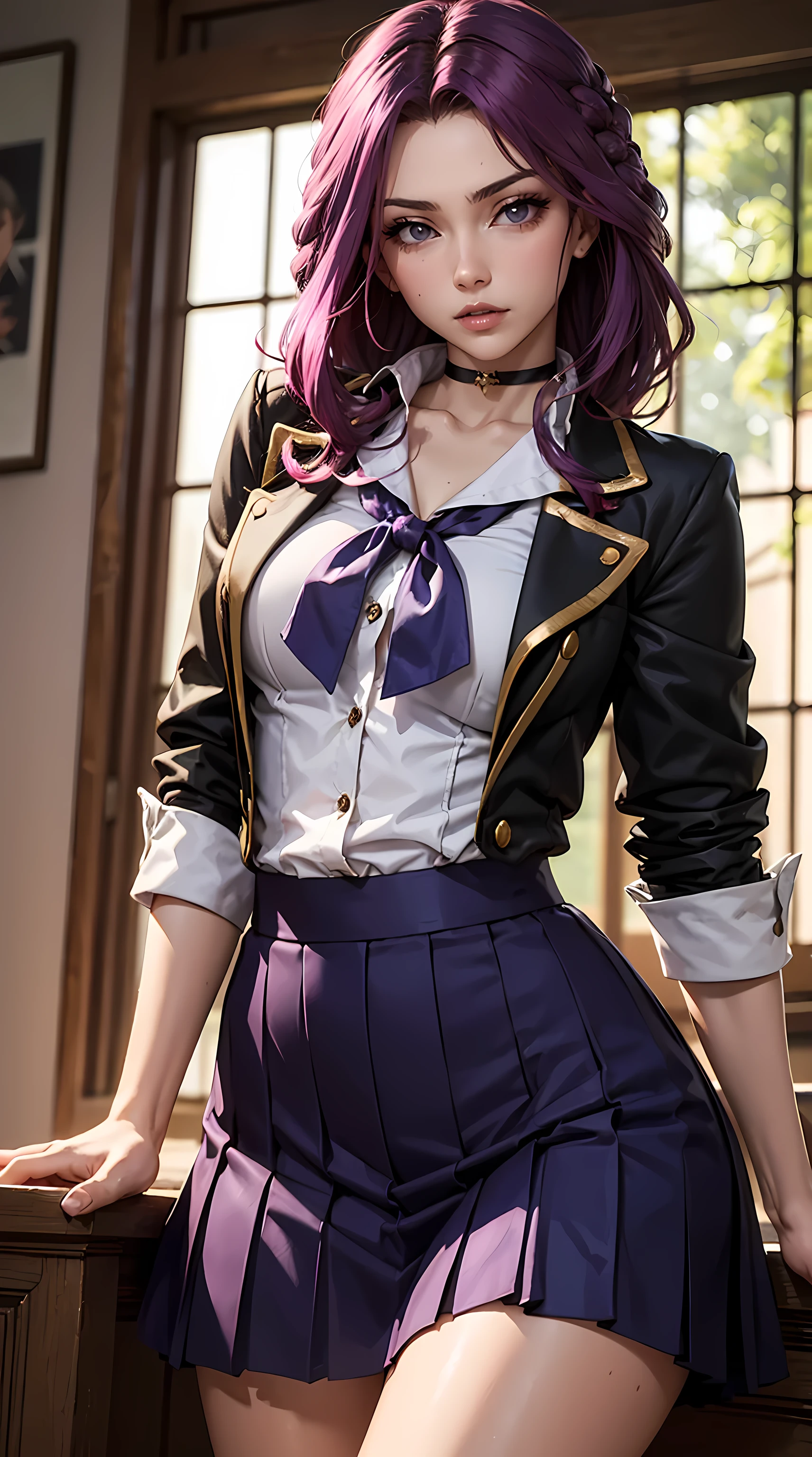 Beautiful purple hair woman is shown to have a sexy figure, she is wearing a Japanese school girl uniform, choker, sexy look, purple eyes, girl in a classrom,sexy session, sexy pose, cowboy shot, superior quality, many details, realistic