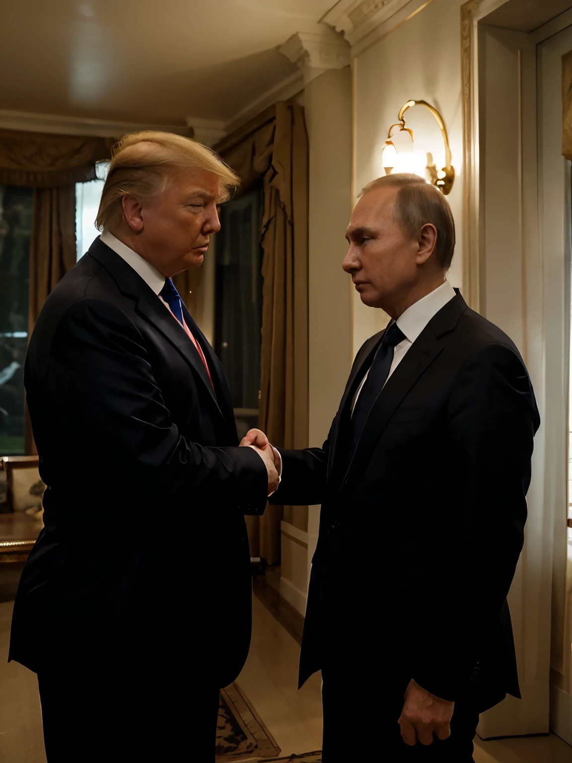 In the low-light room, Two men posing political behave, hugging or shake hands, ((Donald Trump and Vladimir Putin)), size of Donald Trump:1.2, Facing each other,Among them, The first man is an old man, And the other is young, With an atmosphere of concentration in the discussion between them and a deep look, Wear a black suit, The young man enthusiastic expression, focus two men, Contrast lighting, delicate skin,Cinematic, HD, details , Realistic, Get to know a professional photo, soft lighting, highs quality, Best Quality, 