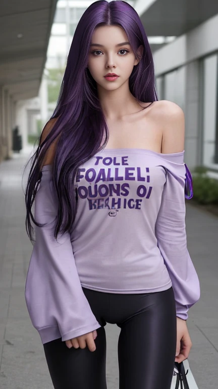 Female college student,sexy,dark purple hair,Wear a long-sleeved t-shirt with bare shoulders.,Wear long leggings.,I'm modeling.,in the shower
