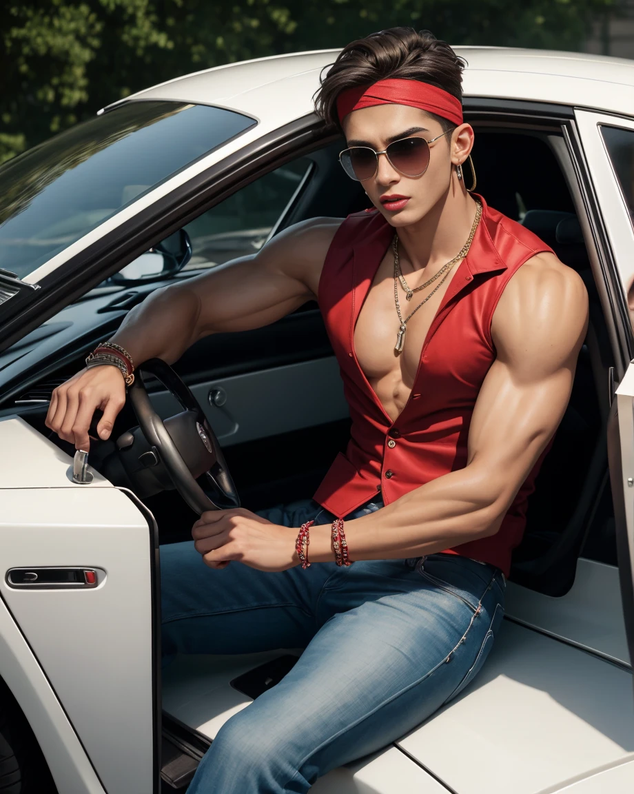 HD quality, high definition, male 20 years old handsome, muscular and slim, red lips, leaning against a sports car, naked exposed vagina, model with bracelets, earrings and Necklace, wearing head band and sunglasses, open red vest, full sexy body, mouth open, eyebrowse angry, side view, wearing shoes