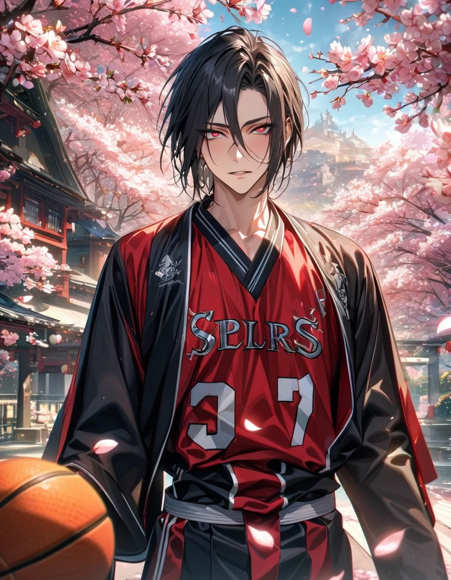 Ultra detailed, Highres, HDR, absurdres, Sebastian Michaelis, black hair, expressive red eyes, Kuroshitsuji, sexy man, handsome, solo, extremely detailed face and eyes, petals, blossoms, spring, master piece, basketball uniform, cherry blossoms, butterflies, best quality, high quality,