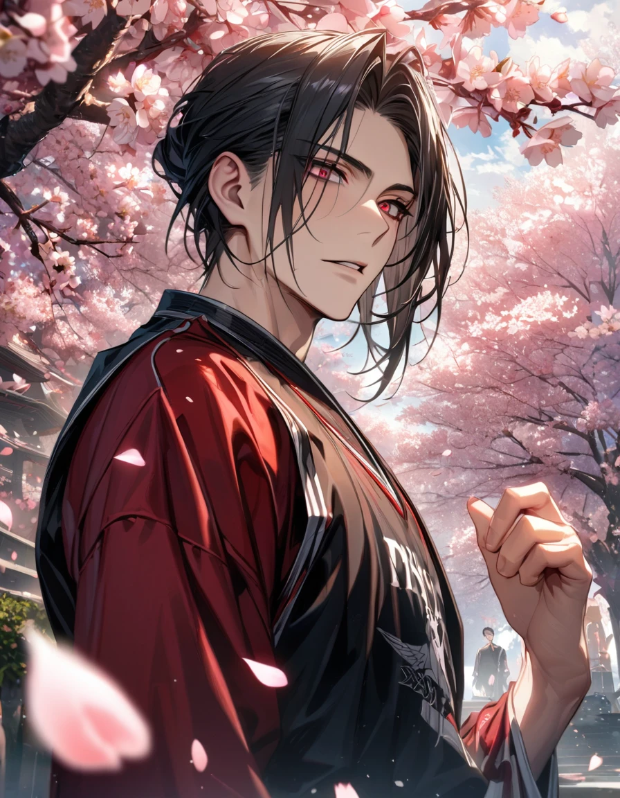 Ultra detailed, Highres, HDR, absurdres, Sebastian Michaelis, black hair, expressive red eyes, Kuroshitsuji, sexy man, handsome, solo, extremely detailed face and eyes, petals, blossoms, spring, master piece, basketball uniform, cherry blossoms, butterflies, best quality, high quality,