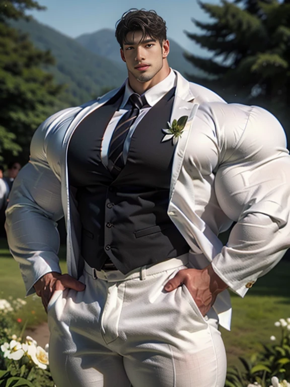 (best quality:1.5, hyperrealistic:1.5, photorealistic:1.4, madly detailed CG unity 8k wallpaper:1.5, masterpiece:1.3, enthusiastically detailed photo:1.2), (hyper-realistic lifelike texture:1.4), highly detailed, ((masterpiece, best quality)), retouched, extremely detailed 8K wallpaper, 1 korean male, (korean man with k-pop idol look), 20yo, handsome, hyper muscle, stubble, firm , wear groom tailored white suit and pants, big guy, photo real, illuminating light, brutalmass, giant muscular bodybuilder, bulk, massive body, large size, charming, wedding decorated field with white flowers, outdoor