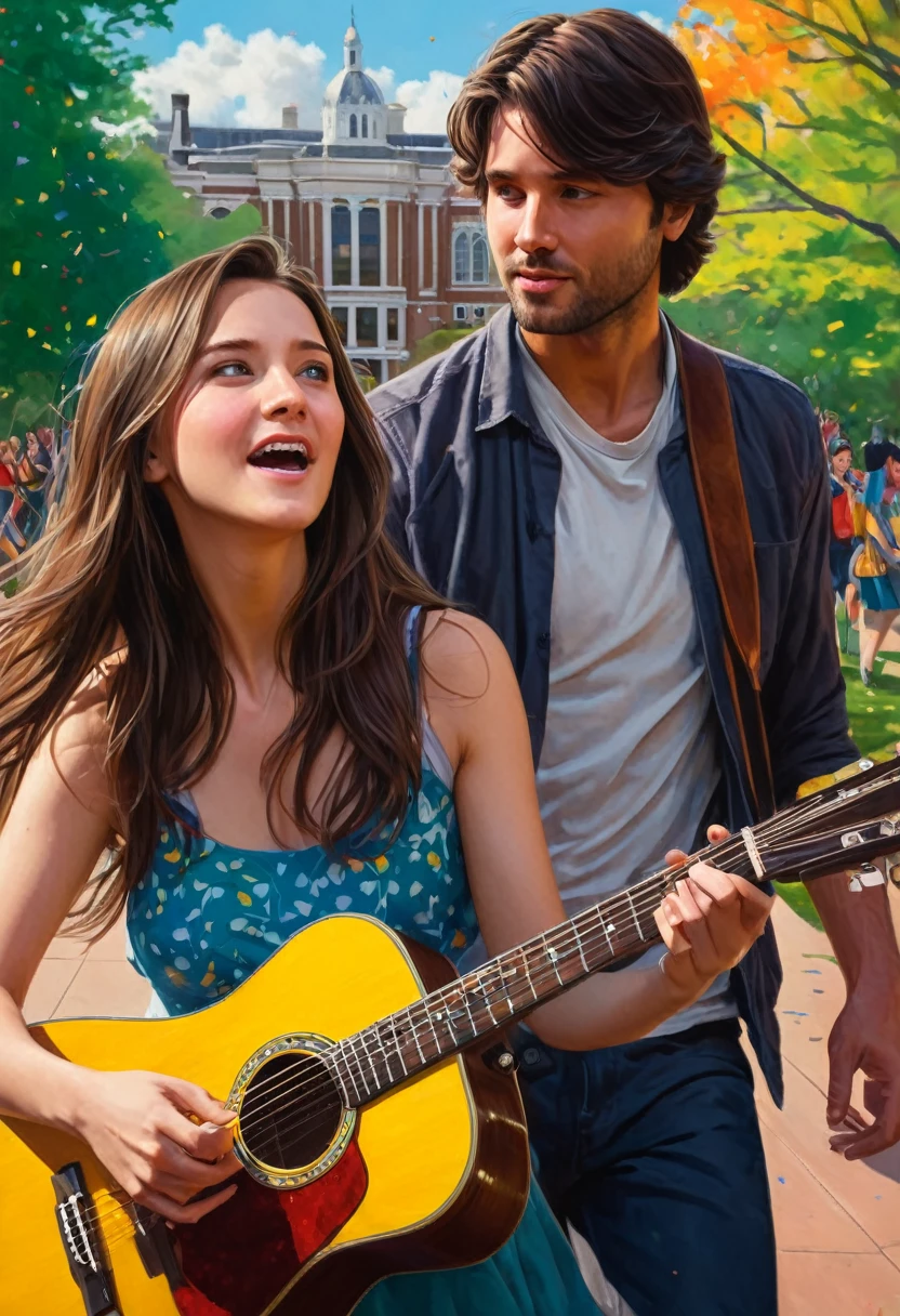 Masterpiece, best quality illustration: A woman with long, brown hair cascading down her shoulders turns to face a dark-haired man playing a guitar, set against the backdrop of a vibrant university campus. Her defiant gaze challenges the onlooker as she wears a playful expression, adding to the juvenile atmosphere of this high-definition, ultra-detailed piece. The lively colors and intricate brushstrokes bring the scene to life, transporting the viewer to this engaging moment between the two characters.