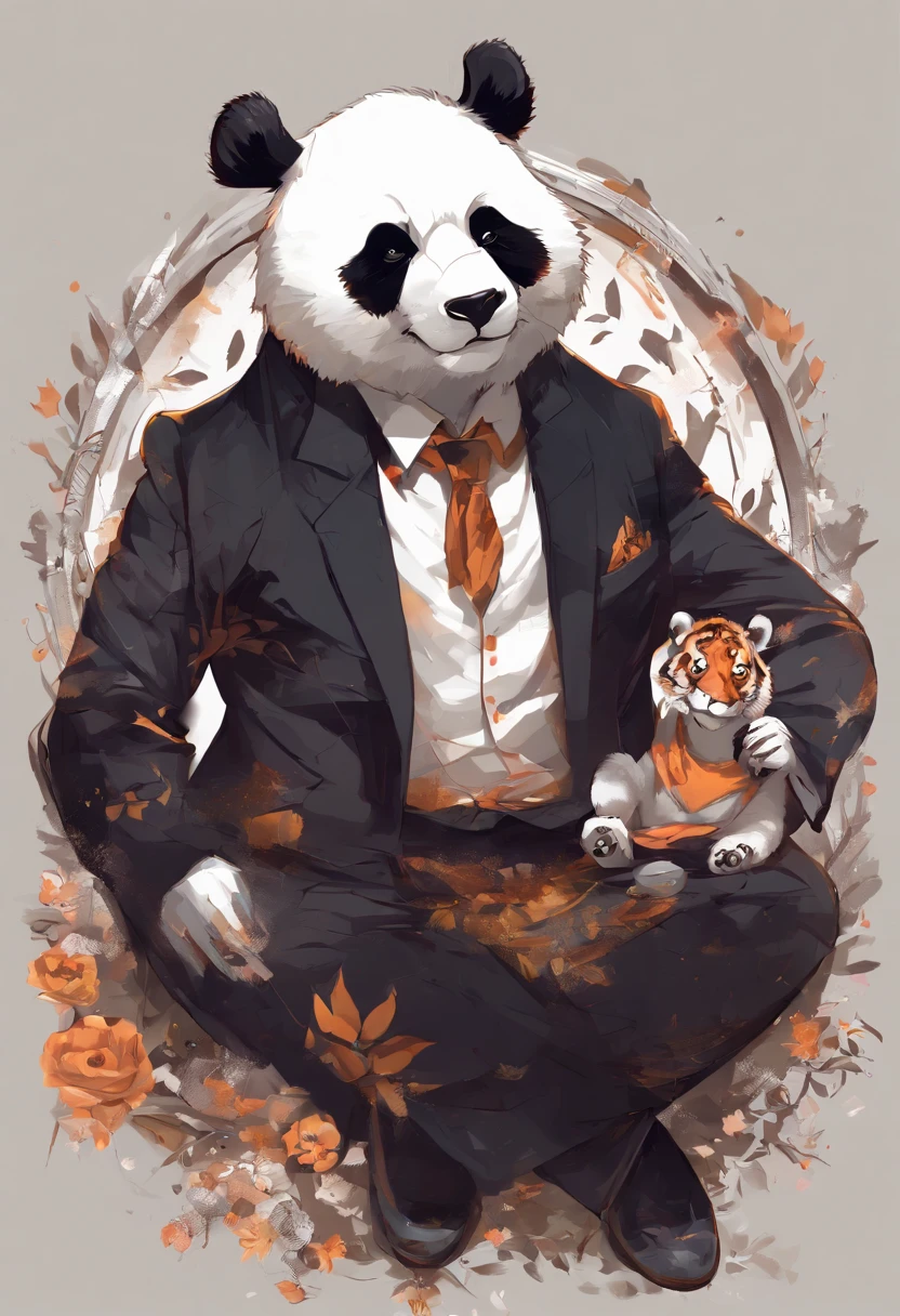 anthropomorphic panda, de cuerpo entero, vestido formalmente con un blazer, sostiene una bandeja, pegatina de panda, sticker de tiger