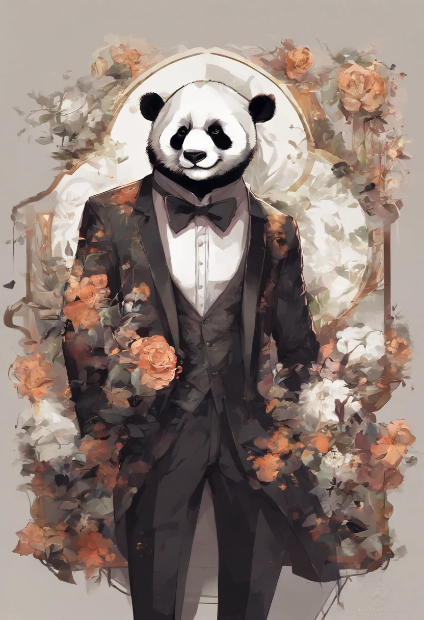 anthropomorphic panda, de cuerpo entero, vestido formalmente con un blazer, sostiene una bandeja, pegatina de panda, sticker de tiger