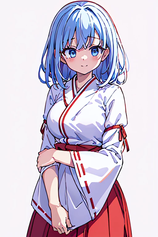 highest quality　High resolution　 {Red too:1.35},シンプルなShrine maiden服　Shrine maiden服　(white background white groundless background:1.5),　Long short hair　Drooping eyes　Anime style illustrations　Beauty　Shrine maiden　Cute eyes　smile　Scarlet hakama　Dark blue eyes 　One Woman　Light blue hair　Shortcuts　　Wide sleeves　Long hem　Looking up　Big Breasts　