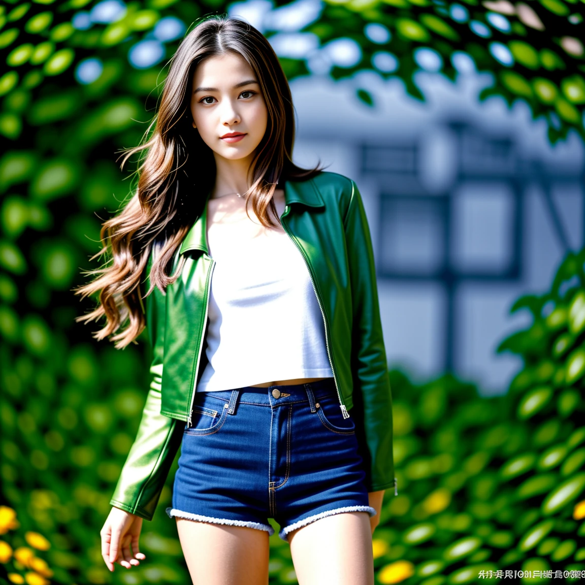 "Beautiful young woman, 30 years old, His long hair flowed up.,) bright dark green leather jacket,) Floating waist, abdomen moist, shiny, perfect and strong.,) ,sexy denim shorts,) chest.) Album cover image by There are red flowers around.,) best quality, 10, height:1.2), 8K Special Details, (realistic:1.37), Portrait, Full body, Posing from different angles,, bright colors, Warm light, shot with a high quality camera 45,000,000,000,Pixels,