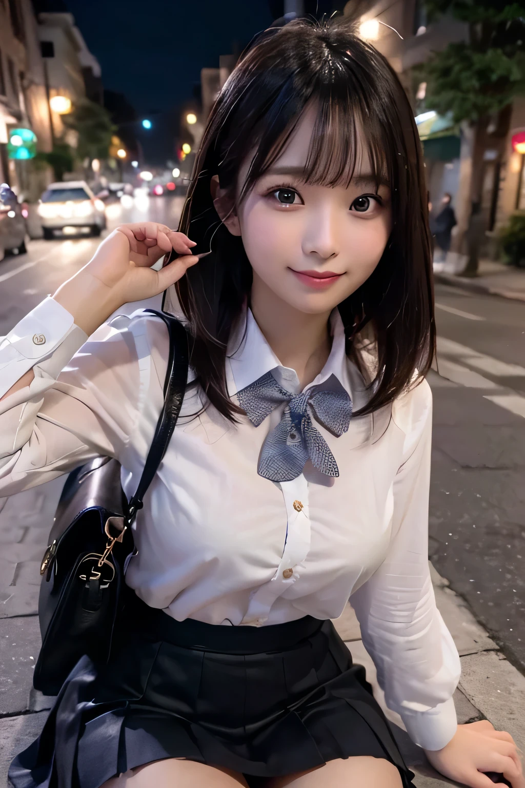 There is a woman who is on the street with a bag, eating banana, (8k, RAW photo, best quality, masterpiece: 1.2), (realistic, photo-realistic: 1.37), ultra-detailed, 1 girl, beautiful, solo, beautiful detailed sky, detailed coffee, night, sitting, dating, (flushed nose), (smile: 1.1), (closed mouth), medium breasts, beautiful detailed eyes, (collared shirt: 1.1), bow tie, pleated skirt,