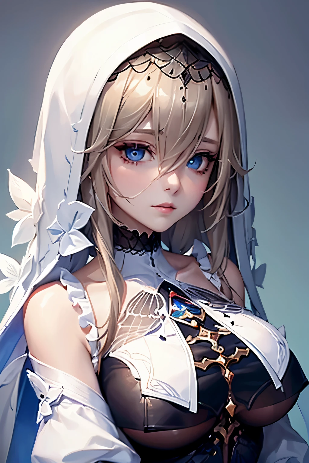 (((portrait))), (finely detailed eyes and detailed face:1.3), (extremely fine and beautiful:1.1), (Perfect details:1.1), (gros seins), honkai, aponia_outfit, 1girl, blue eyes, breasts, large breasts, looking at viewer, nun, veil, black dress, breast curtains, detached sleeves, long sleeves, frills, pelvic curtain, sideless outfit, ((vue de profil)), (((portrait))), ((haut du personnage))