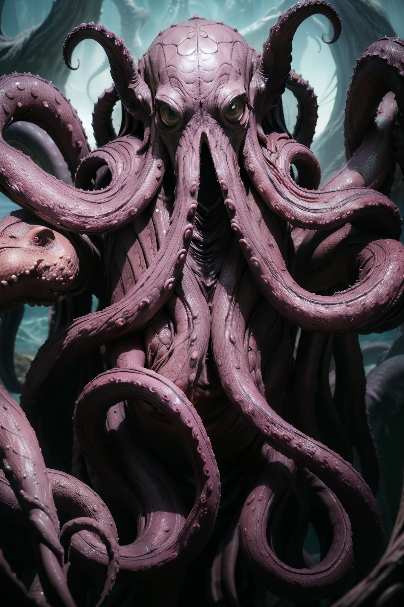 ((highest quality)), ((masterpiece)), (detailed), Cthulhu,The old rulers,octopus's face is extremely detailed,複雑なdetailed,Tentacles,32k resolution, Natural skin texture, Surreal,Realistic skin texture, Super detailed,SF wind,Cthulhu,maritime,Humans rise and fall on land,Dark Style,The screen is black and grey