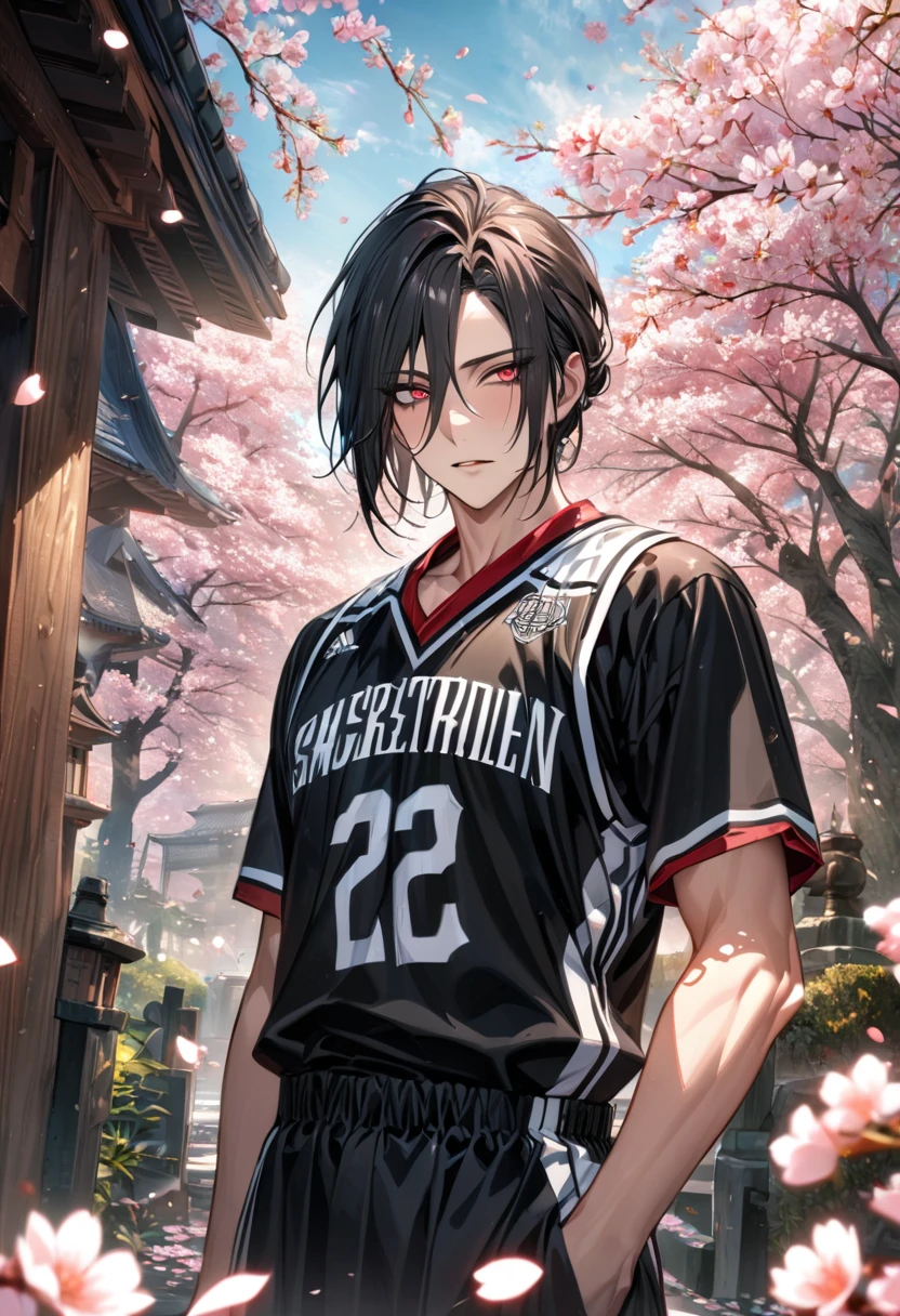 Ultra detailed, Highres, HDR, absurdres, Sebastian Michaelis, black hair, expressive red eyes, Kuroshitsuji, sexy man, handsome, solo, extremely detailed face and eyes, petals, blossoms, spring, master piece, basketball uniform, cherry blossoms, butterflies, best quality, high quality,