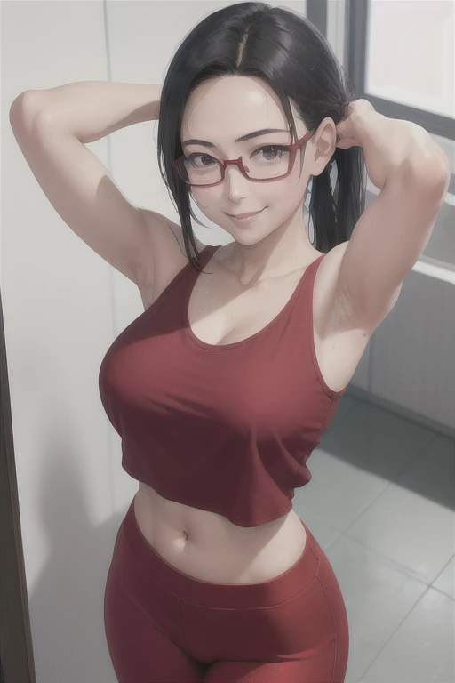 masterpiece, best quality, satou sakie, glasses, wearing white tanktop shirt, croptop, red pants, looking at viewer, large breasts, upper body, portrait, looking at viewer, seductive smile, both hands raised, armpits, armpits visible, sweaty armpits, from above