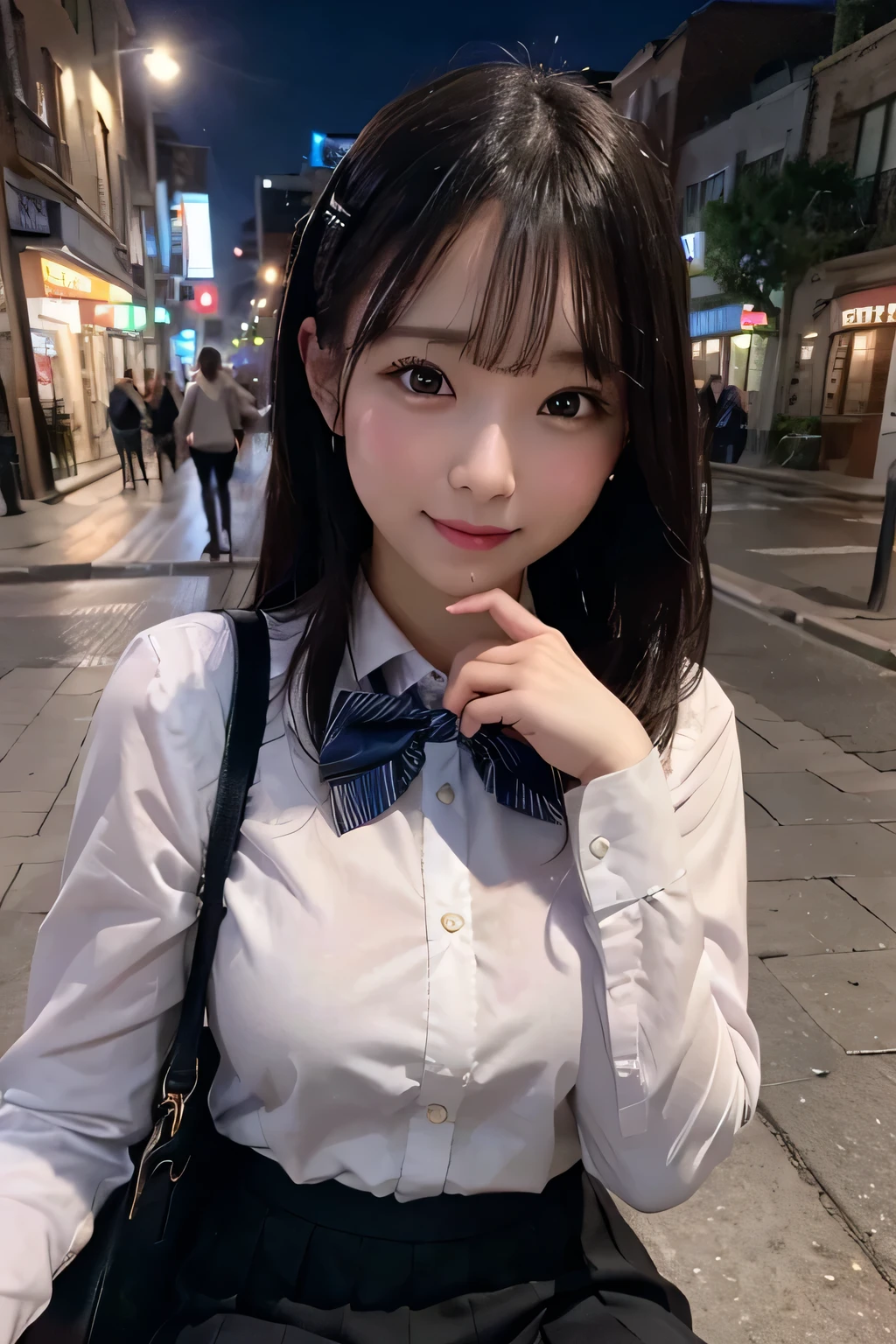 There is a woman who is on the street with a bag, eating banana, (8k, RAW photo, best quality, masterpiece: 1.2), (realistic, photo-realistic: 1.37), ultra-detailed, 1 girl, beautiful, solo, beautiful detailed sky, detailed coffee, night, sitting, dating, (flushed nose), (smile: 1.1), (closed mouth), medium breasts, beautiful detailed eyes, (collared shirt: 1.1), bow tie, pleated skirt,