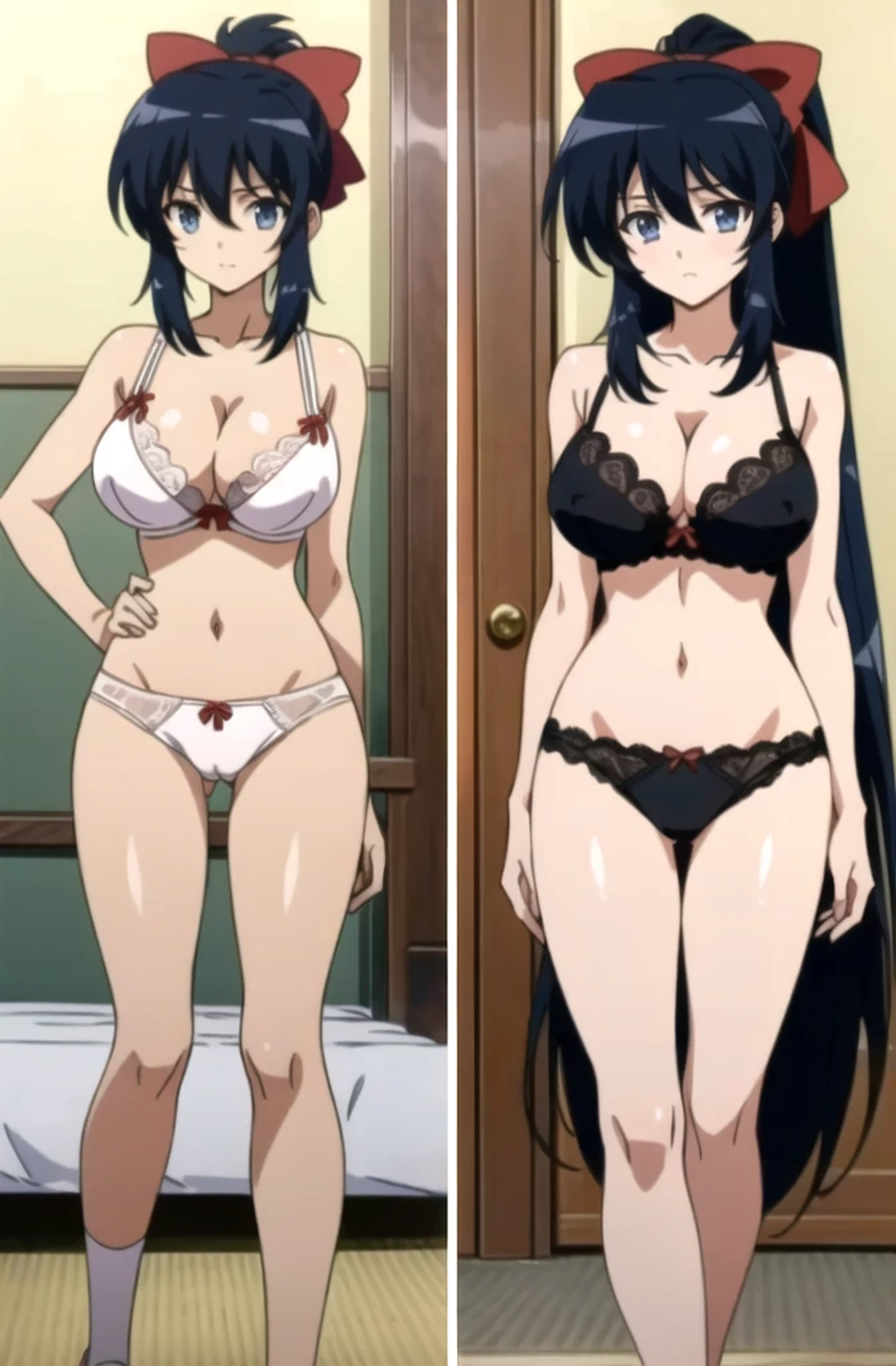 ((highest quality)), ((masterpiece)), (detailed), (16k high definition anime), Anatomically perfect body,Himari Noihara, 1girl,One girl、Perfect Face、Cute face、Beautiful Face、Beautifully detailed eyes、blue eyes、Black Hair、Long Hair、ponytail、Red ribbon、(Large Breasts:1.5)、Beautiful cleavage、(Lace bra、White、See-through、Nipples and areola), (Lace panties、White、See-through、Cracks), Smooth body lines、Wide hips、Big ass、High Body、Beautiful long legs、Are standing、Beautiful pose、View your viewers、Bedroom Background、Above-the-knee photos、