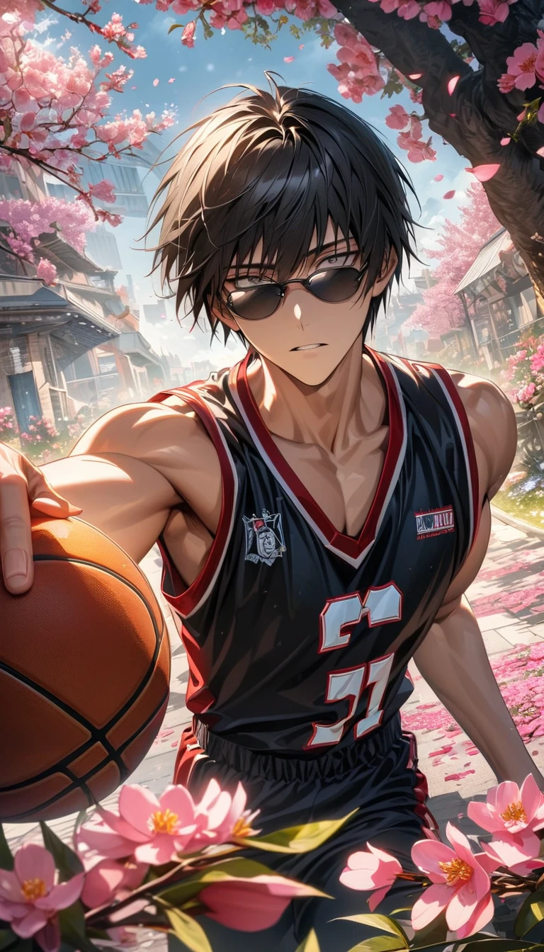 absurdres, highres, ultra detailed, HDR, master piece, detailed picture, extremely detailed face and eyes, Wolfwood, black straight hair with bangs, expressive gray eyes, Trigun, black sunglasses, basketball uniform, solo, sexy man, handsome, spring, pink flowers, blossoms, pink petals