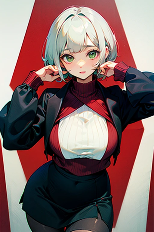 Best quality, masterpiece, Girl in a red sweater,Black jacket, black skirt, black tights, short haircut, White hair, green eyes, big breasts, big hips