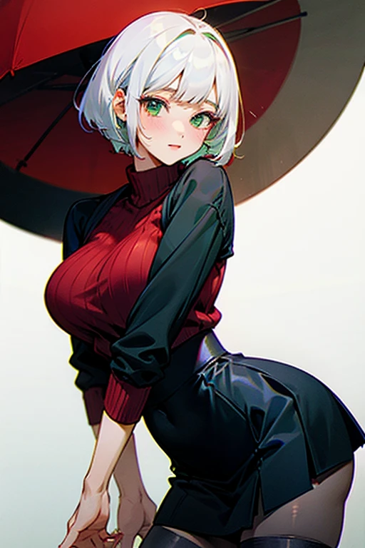 Best quality, masterpiece, Girl in a red sweater,Black jacket, black skirt, black tights, short haircut, White hair, green eyes, big breasts, big hips