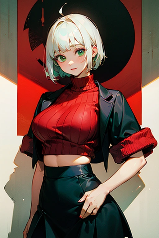 Best quality, masterpiece, Girl in a red sweater,Black jacket, black skirt, black tights, short haircut, White hair, green eyes, big breasts, big hips