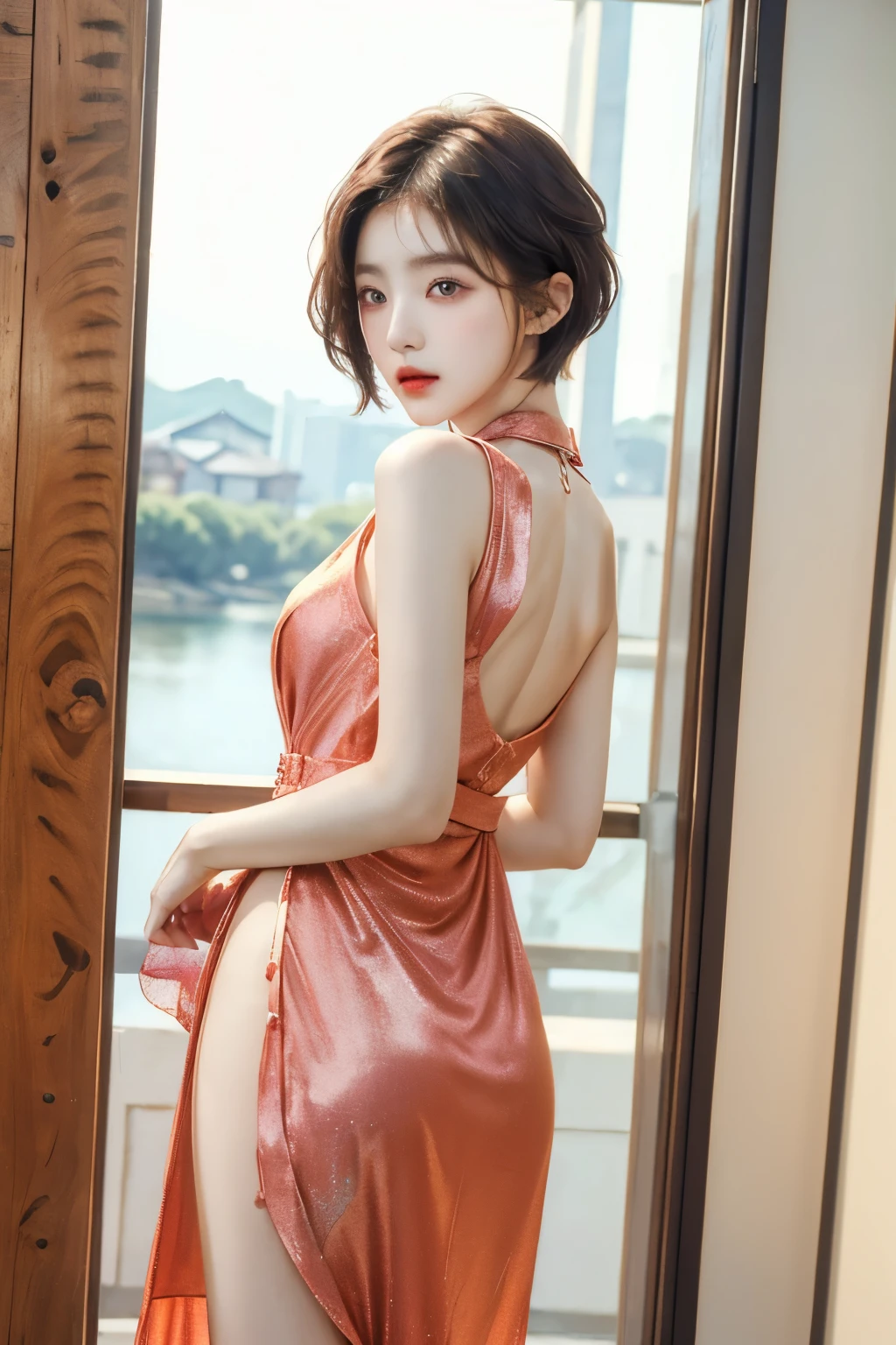 (best quality, 8K, 32K, masterpiece, UHD:1.2), 1 woman, beautiful korean girl, small waist, Color Explosion, wearing a dress, from behind, valley, (stick out butt:1.2), detailed face, Short hair, looking at viewer