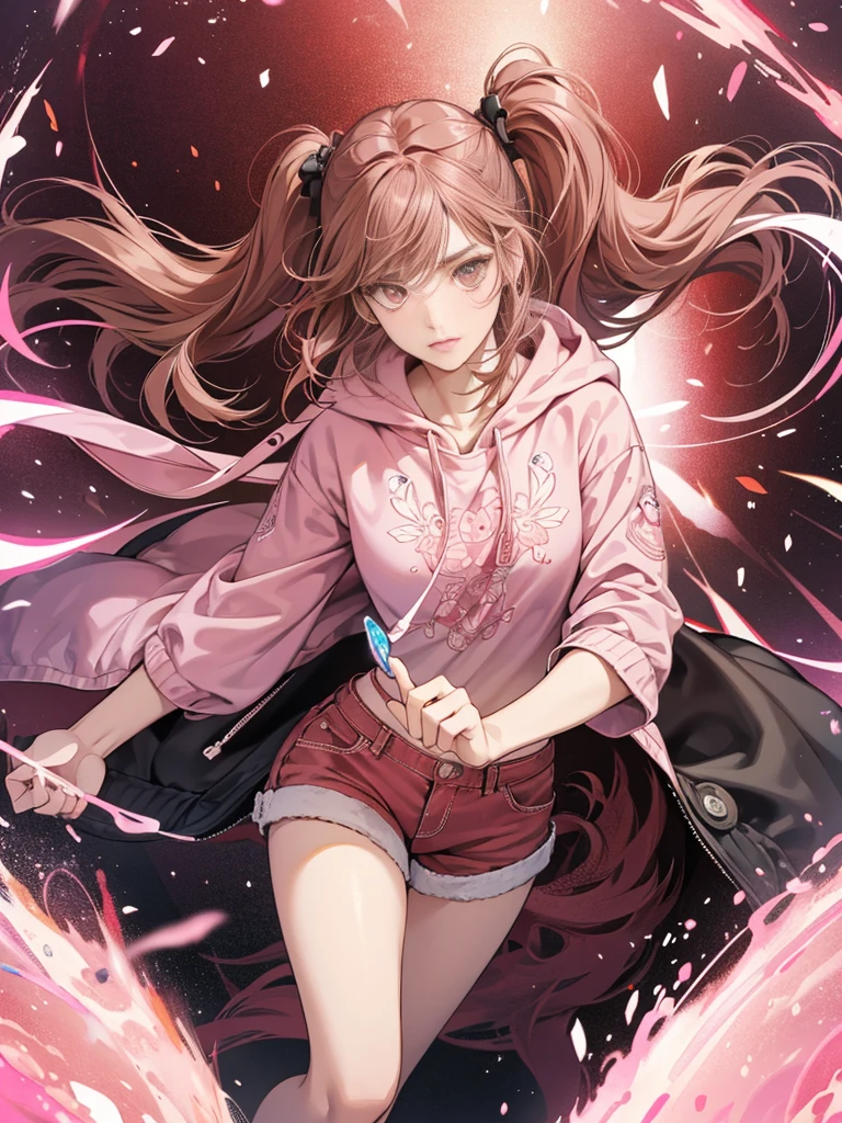 (Best Quality,4K,High resolution), 18yo woman, Pink mesh hair on brown hair, long twin tail hair , Comical appearance,(Best Quality,4K,High resolution), 18yo woman, Pink highlights on brown hair, Longhair, Twin-tailed,Twin-tailed hair,(Best Quality,4K,High resolution),Beautiful eyes ,big eye,Red glowing eyes,Facial expression enhancement,Delicate illustrations drawn in detail,Intricately decorated hooded long jacket,pink and red color scheme,Denim shorts,Realistic portrayal,Vibrant colors,expresive,Classic background(Best Quality,4K,High resolution), Comical appearance,(Best Quality,4K,High resolution), 18yo woman, Pink highlights on brown hair, Long twin tails, Pretty Woman,Beautiful eyes ,kawaii eyes,comic strip,animesque,Deformed cute illustration,Full body projection,chase,Time to chase,Just chasing