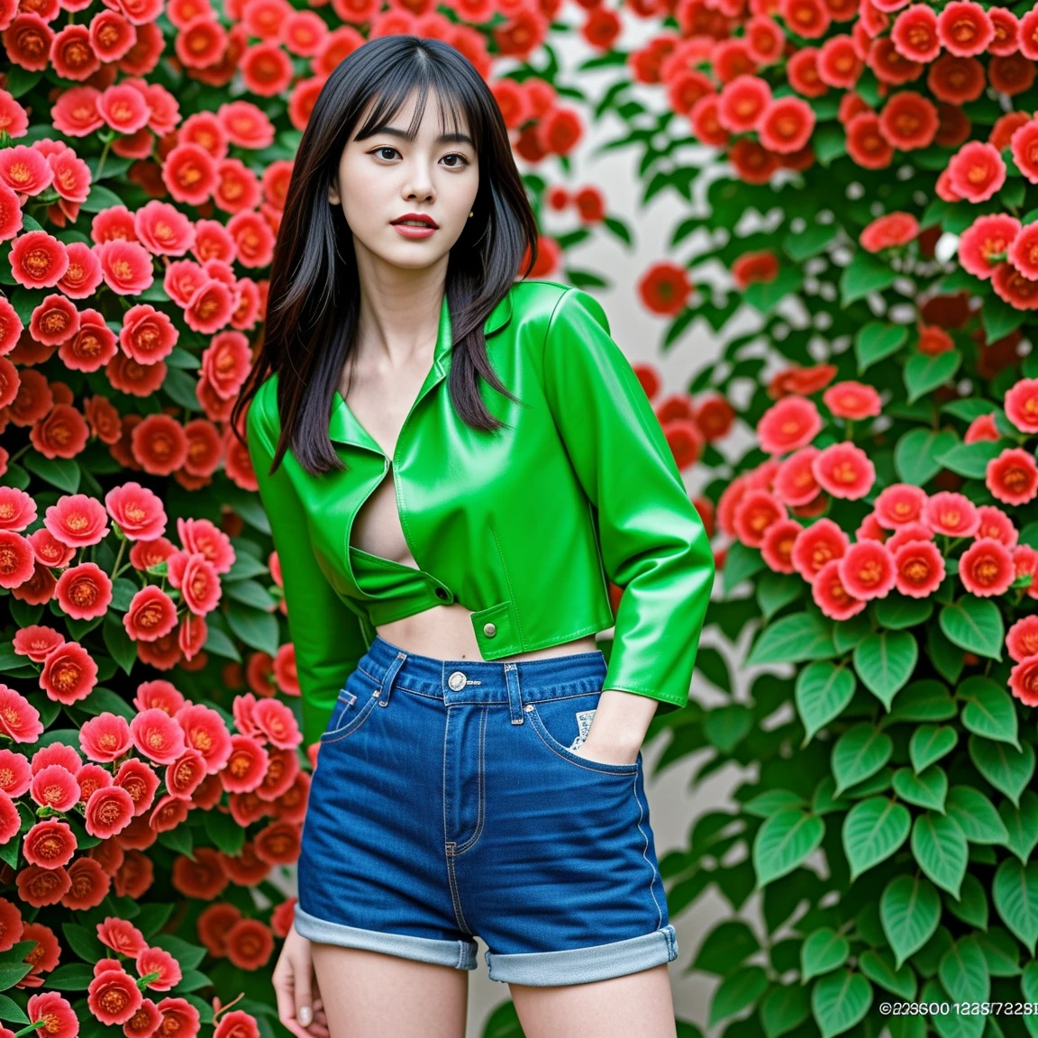 "Beautiful young woman, 25 years old, His long hair flowed up.,) bright dark green leather jacket,) Floating waist, abdomen moist, shiny, perfect and strong.,) ,sexy denim shorts,) chest.) Album cover image by There are red flowers around.,) best quality, 10, height:1.2), 8K Special Details, (realistic:1.37), Portrait, Full body, Posing from different angles,, bright colors, Warm light, shot with a high quality camera 45,000,000,000,Pixels,