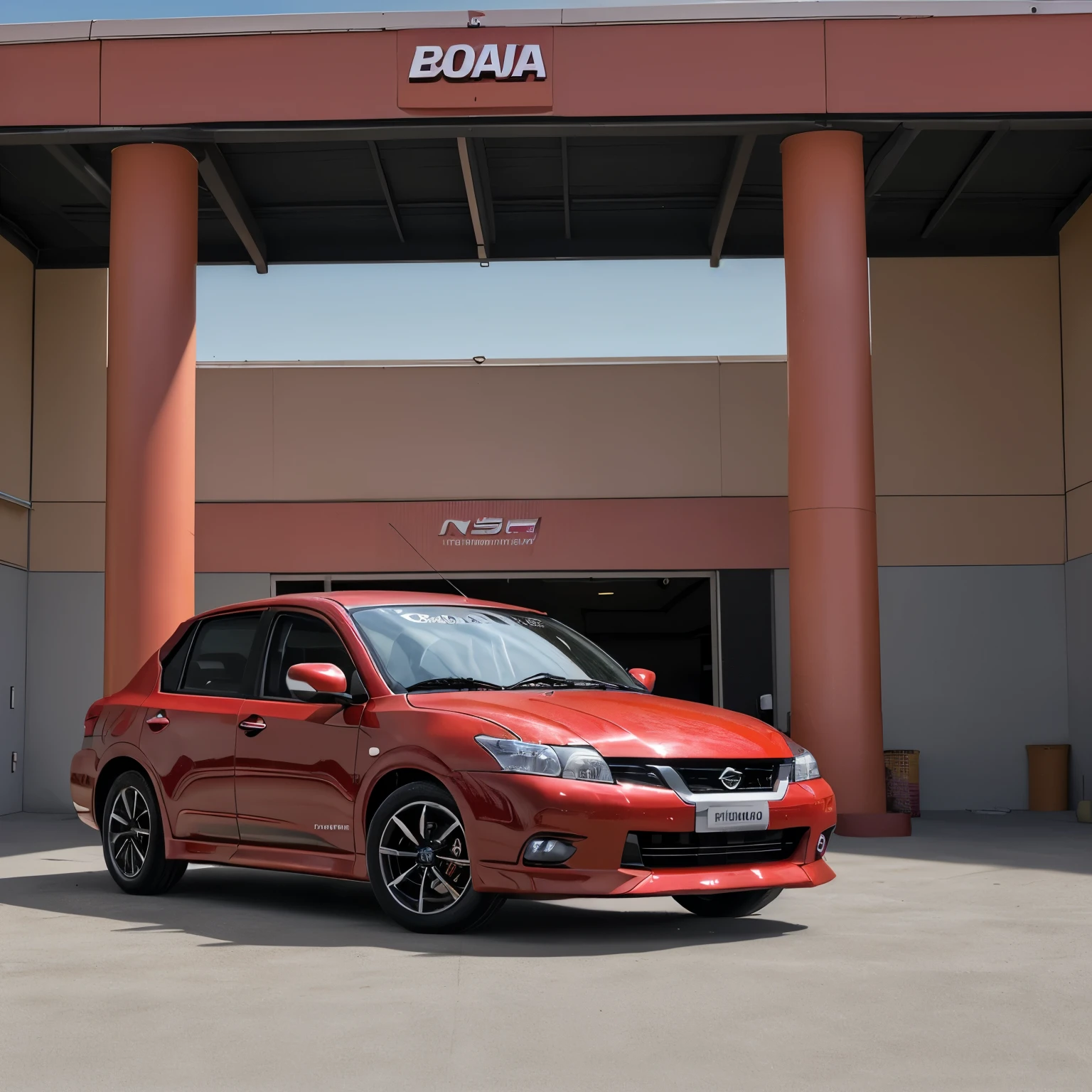 Coche Nissan Tsuru 2014 color rojo con cofre de fibra de carbono y toma de aire con body kit en los costados estacionado afuera de un garage 