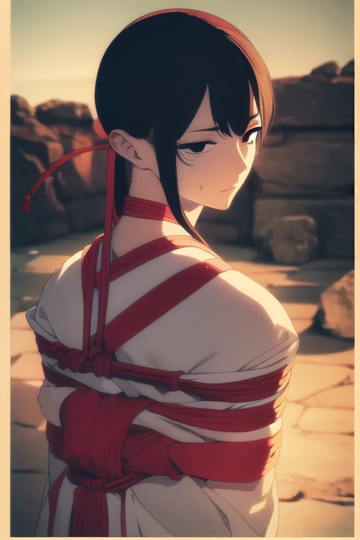 senjumarushutara, senjumaru shutara, long hair, bangs, blunt bangs, black hair, sidelocks, (black eyes:1.5), makeup, lipstick, red lipstick,
BREAK japanese clothes, kimono, mechanical arms, extra arms,
BREAK looking at viewer, upper body, (full body:1.2),
BREAK outdoors, sky, sun,
BREAK (masterpiece:1.2), best quality, high resolution, unity 8k wallpaper, (illustration:0.8), (beautiful detailed eyes:1.6), extremely detailed face, perfect lighting, extremely detailed CG, (perfect hands, perfect anatomy),shibari,shibari over clothes,bound wrists,bound ankles,bound arms,bound legs,bound wrists,Box Tie,breast bondage,crotch rope,Skin dents,Dripping,Upper Body,(Ahe face:1.1),clavicle,trembling,Sweat,Sweatdrop,heart,Skin dents,BDSM,bondage,