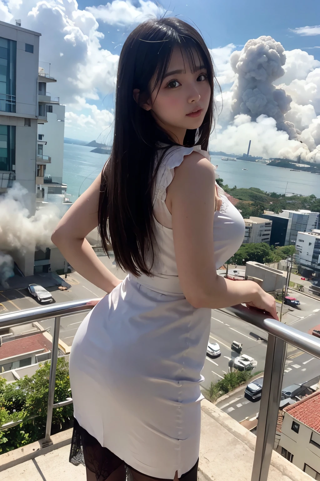 Giantess usando vestido curto de saia plissada, GTS cidade, City buildings, smoke billowing, armageddom, nuvem, realistic lighting, salto alto, de baixo,