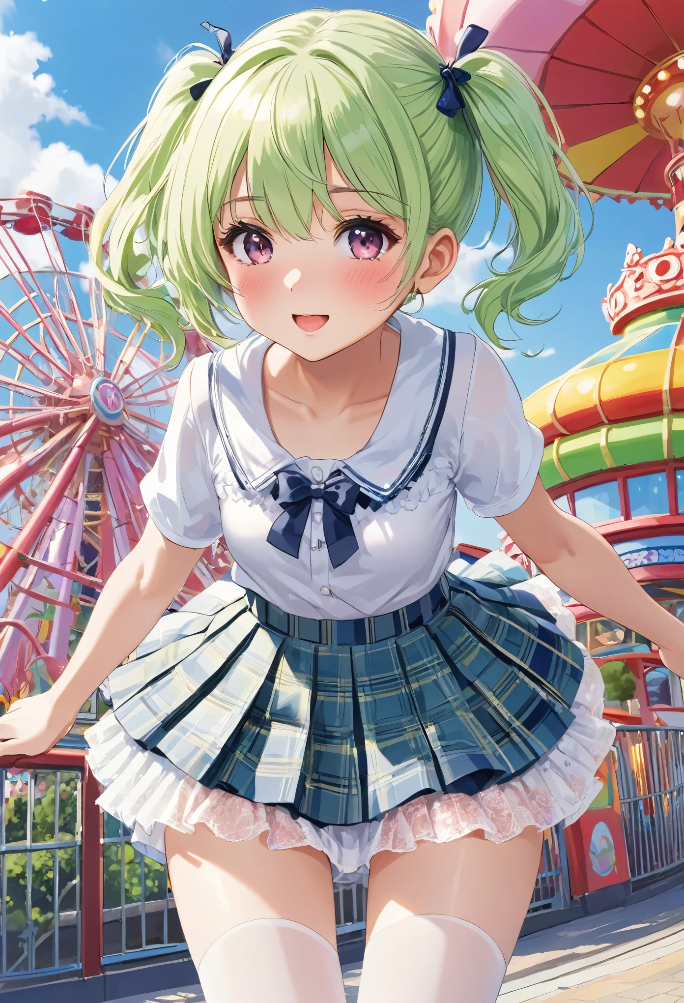 (((Arms restrained behind the back, Place your arms behind your back, Hands are hidden behind the body, Arms restrained behind the back,)))、highest quality、Highest quality、()、Cute hairstyle、Colorful hair color、Lots of lace and ribbons、Cute Checkered Pleated Micro Mini Skirt、White tights、((amusement park))、(((Spread your legs、Angle seen from your feet)))、 ((blush、White panties are visible、Panty shot))、