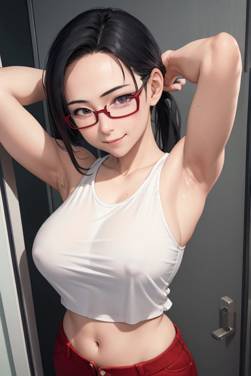 masterpiece, best quality, satou sakie, glasses, wearing white tanktop shirt, croptop, red pants, looking at viewer, large breasts, upper body, portrait, looking at viewer, seductive smile, both hands raised, armpits, armpits visible, sweaty armpits, from above