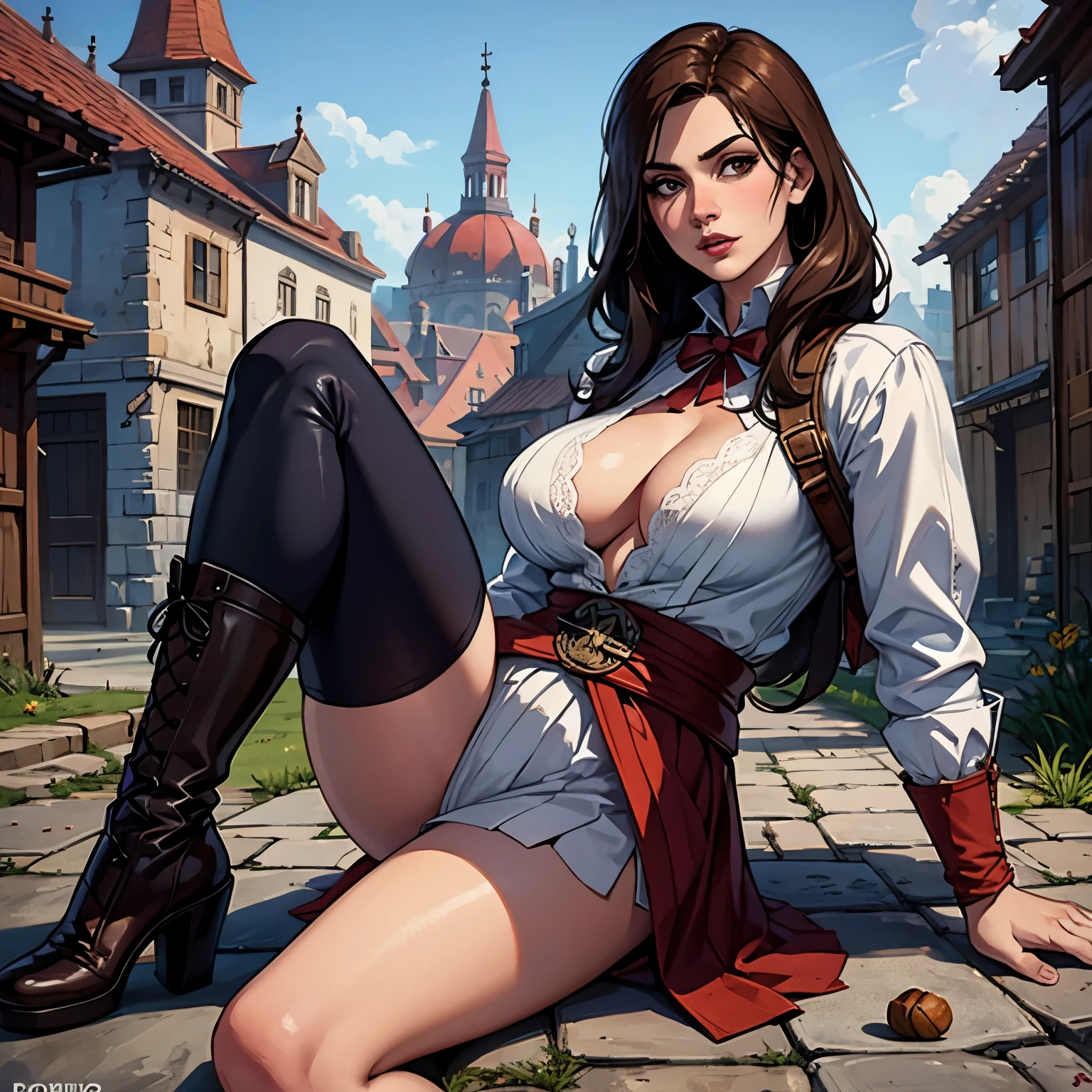 La mujer, Стиль Assassin's Creed, ropa corta, poca ropa, botas hasta la rodilla, Pulseras en las piernas, Ciudad medieval al fondo, Renacimiento, muy detallado, Realistic long-term photography. 4k, pelo largo, brown hair, By the chestnut, labios rojos,big breasts, pechos grandes, breasts,   Chica con traje de Assassin&#39;s Creed Altair con capucha, hood, Assassin symbol&#39;s Creed en la cintura, sexy,red lips, brown eyes,