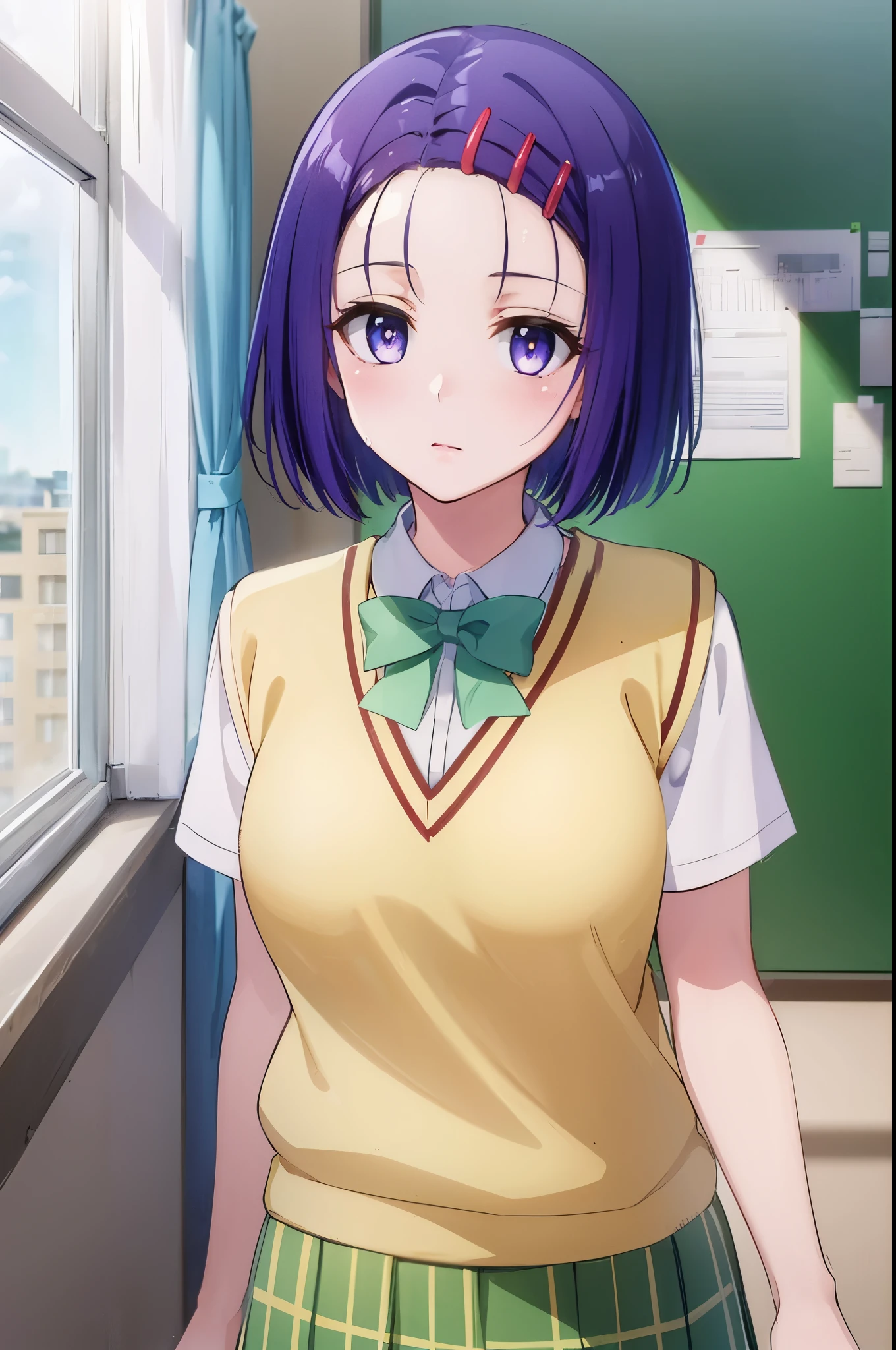 haruna sairenji, hair ornament, hairclip, (purple eyes:1.1), purple hair, short hair, swept bangs, (forehead:1.3),
green skirt, plaid, plaid skirt, sainan high , , skirt, sweater vest, (yellow sweater:1.3), short sleeves,