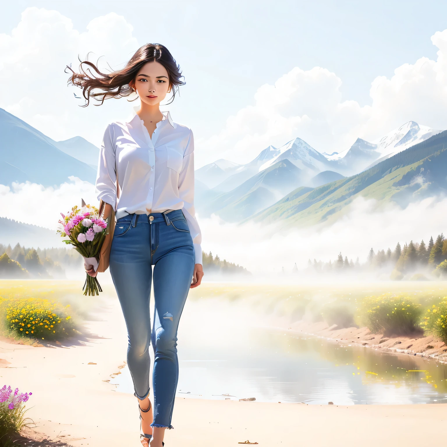 Portrait photography photos, spring, Background blue sky and white clouds, Distant Mountains, Creek, The mountains are covered with trees, flowers and blooming flowers, Sunlight, Morning Mist, A lady holding a bouquet of flowers, Wearing a blue shirt, No text, Wearing shirt and jeans, The wind blew her shirt, White shirt and blue jeans, Long-distance full-body view, Woman posing, （RAW photos, Best quality）, （reality, Photo Realism：1.3）, Extremely exquisite and beautiful, High Score, Realism, masterpiece